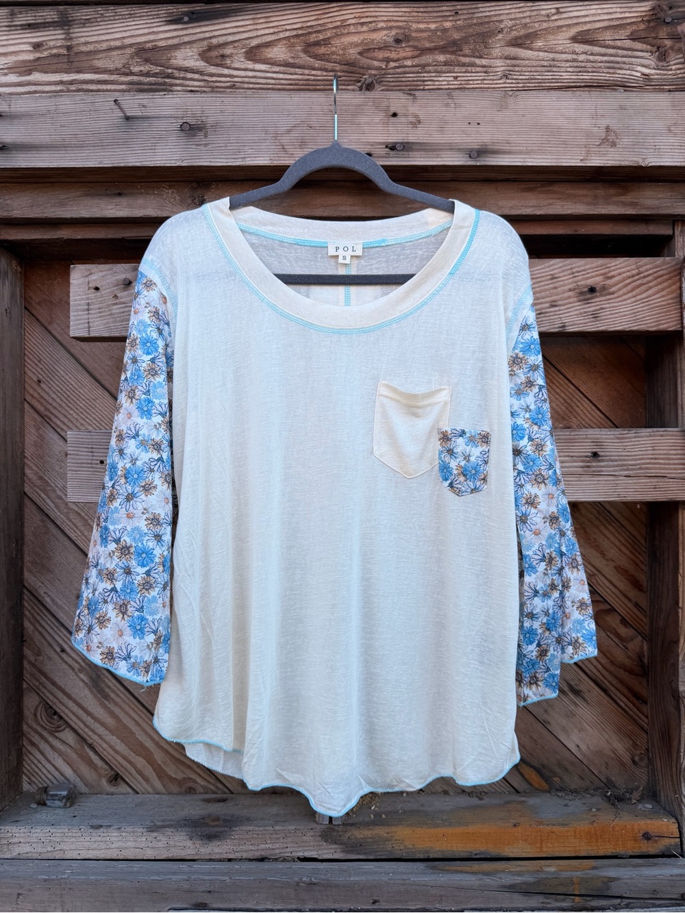 POL Cream Tee with Blue Floral Sleeve Detail